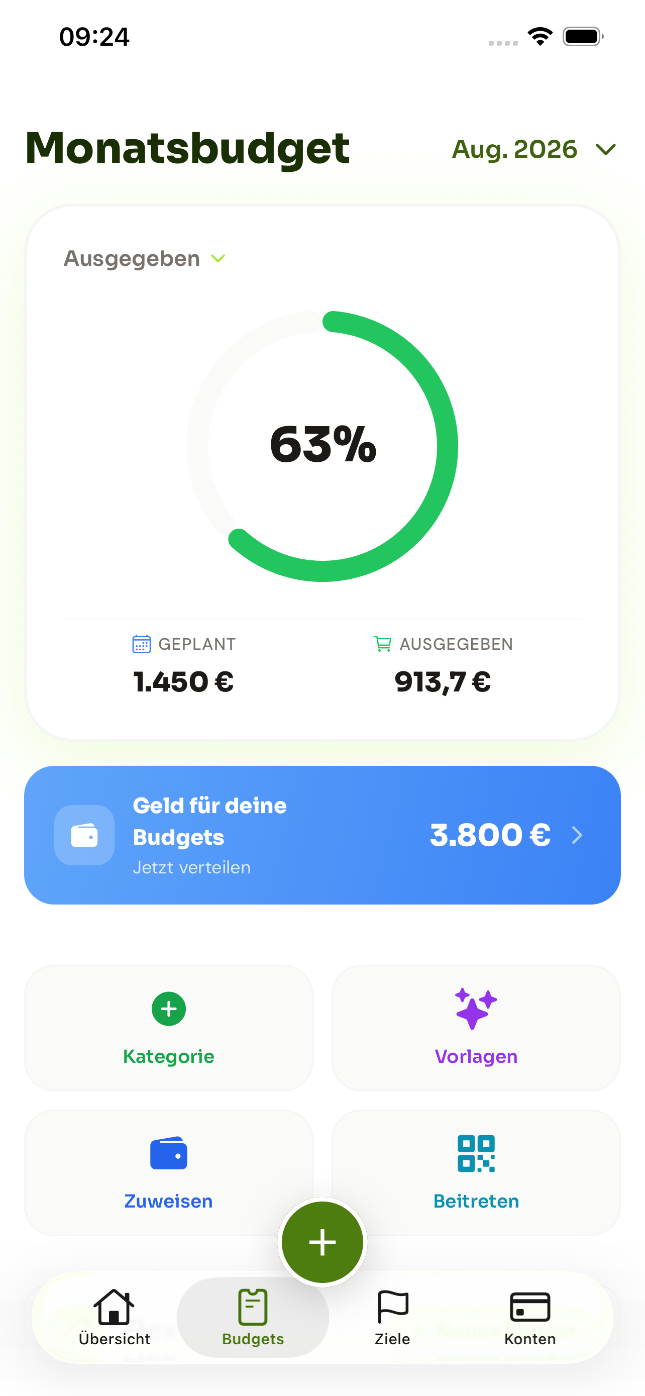 Plance monthly budget with spending overview